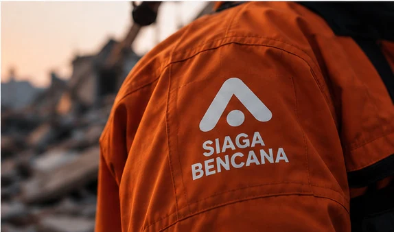 Identitas Siaga Bencana pada jaket relawan berwarna oranye